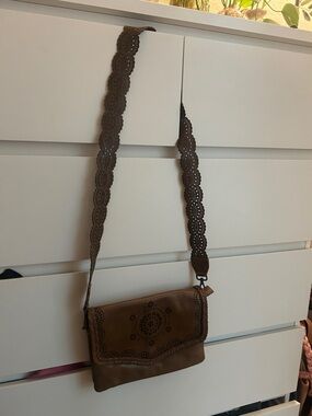 Brown Laser-Cut Leather Crossbody Bag